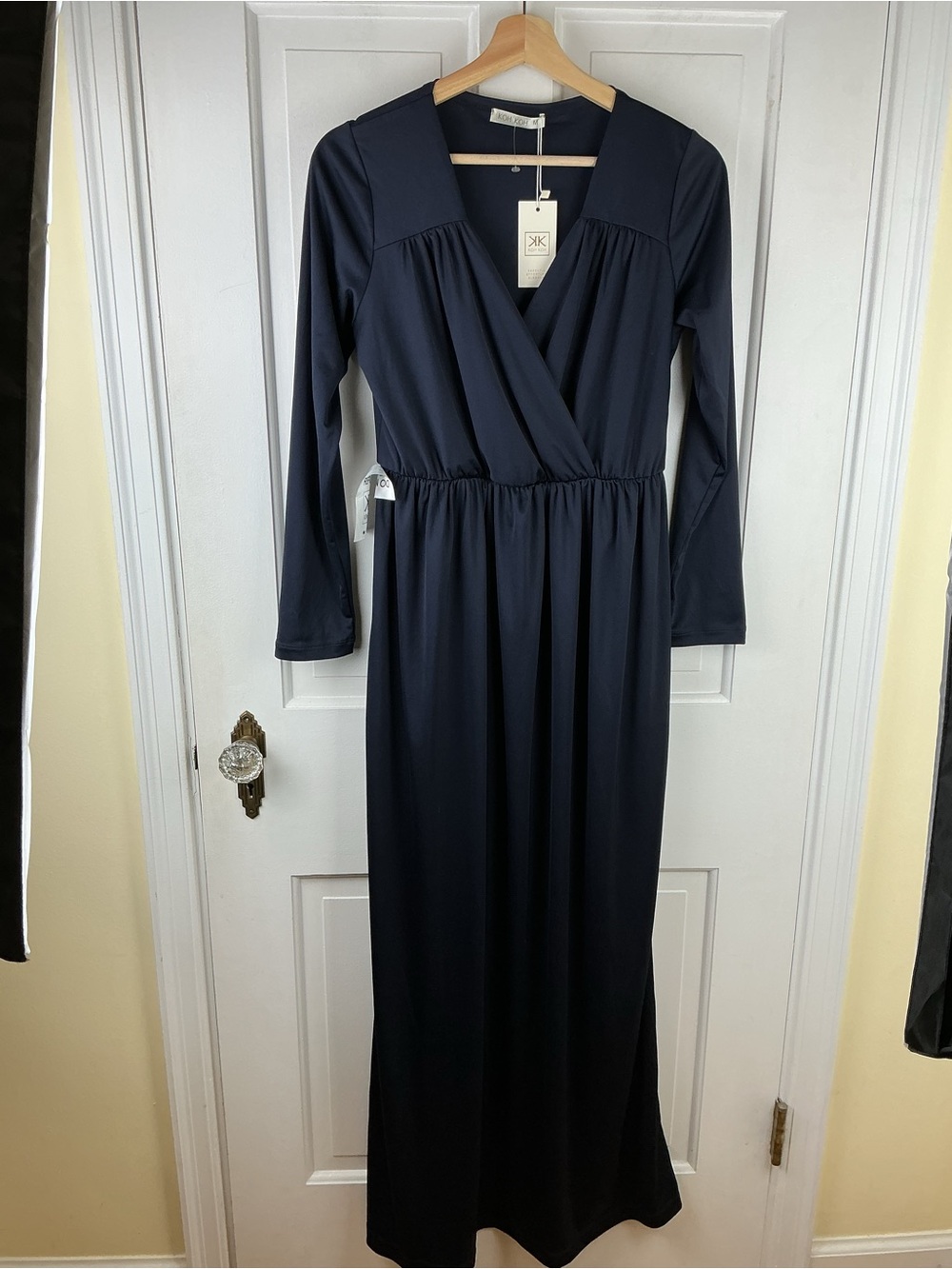 KOH KOH Long Sleeve Full Floor Length V-Neck Sexy Wrap Empire Waist Maxi Navy